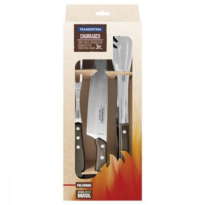 Jogo Para Churrasco Inox Com Cabo Castanho Polywood 3 Peças