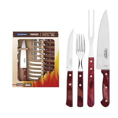 Kit Para Churrasco Inox Com Cabo Vermelho Polywood 14 Peças
