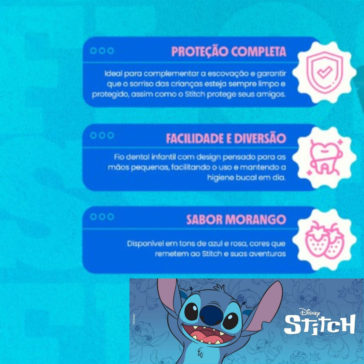 5X FIO DENTAL FLOSSER INFANTIL STITCH MORANGO - DENTALCLEAN