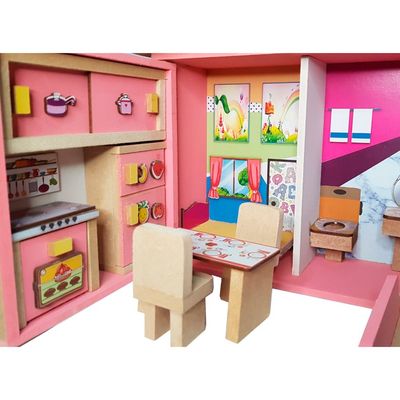Casinha de Boneca com Móveis Estilo Maleta - Madeira - 5 Ambientes - Rosa
