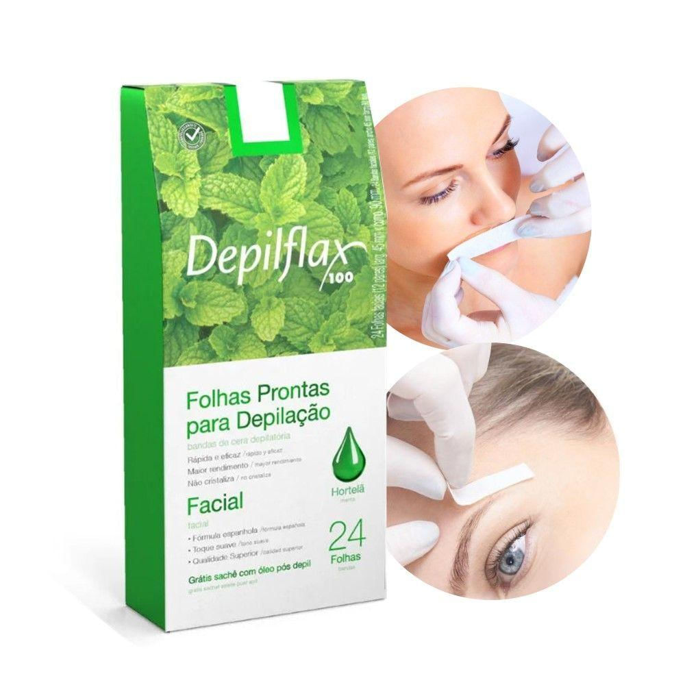Folhas Prontas Para Depilação Facial Buço Sobrancelha Depilflax Hortelã 24un