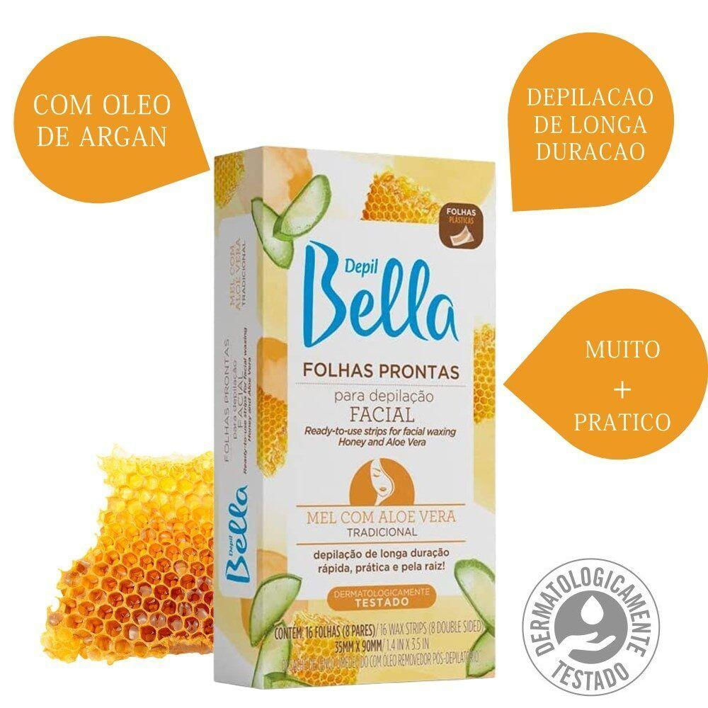Kit 192 Folhas Prontas Para Depilação Facial Mel E Aloe Vera Depil Bella 12cx 16un
