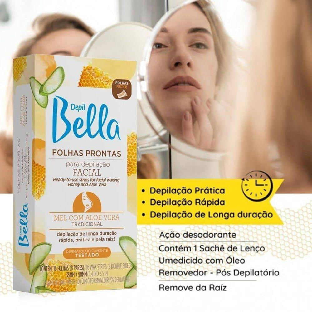 Kit 96 Folhas Prontas Para Depilação Facial Mel E Aloe Vera Depil Bella 6cx 16un