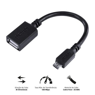 Adaptador OTG Micro USB para USB 2.0 15CM Preto Conexão com Celulares Smartphones Tablets - PAMUP-15