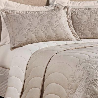 Cobre Leito Queen Amarilis Dupla Face Bordada 5 Peças - Bege
