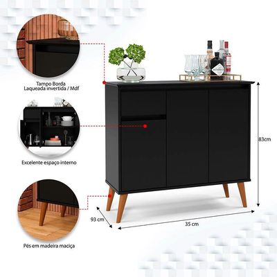 Aparador Buffet Veneza 3 Portas 1 Gaveta 93cm Ej Móveis Preto
