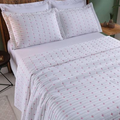 Cobre Leito King Decor Bordado 200 Fios 3 Peças - Branco-pink