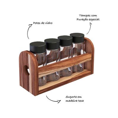 Porta Temperos Em Madeira Teca Com 4 Vidros - Stolf