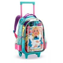 Kit Mochila Rodinha Lancheira Estojo Alice Baralho Infantil Escolar Azul Denlex
