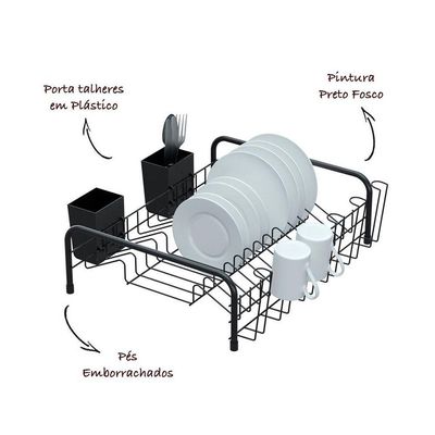Escorredor De Louças Tubular Com Porta Talheres Plástico - Stolf Preto