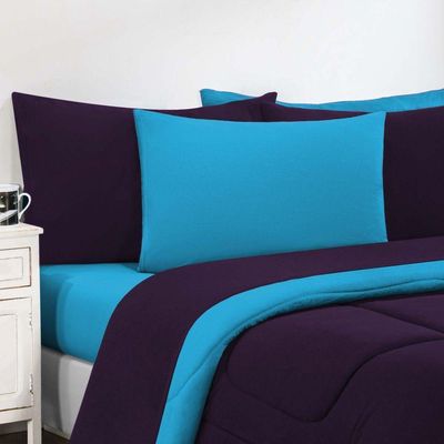 Kit Edredom + Jogo De Lençol 100% Algodão Gran Moratta 6 Peças Queen Roxo azul Turquesa