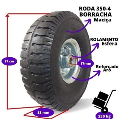 Roda Pneu Maciço Borracha Eixo 17 Mm Rolamento Esfera