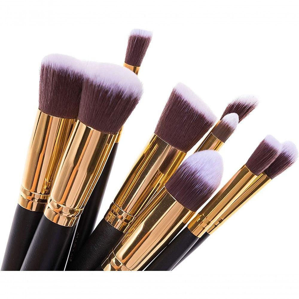 Kit 10 Pinceis Para Maquiagem Kabuki Preto Com Dourado