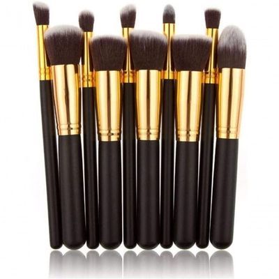 Kit 10 Pinceis Para Maquiagem Kabuki Preto Com Dourado