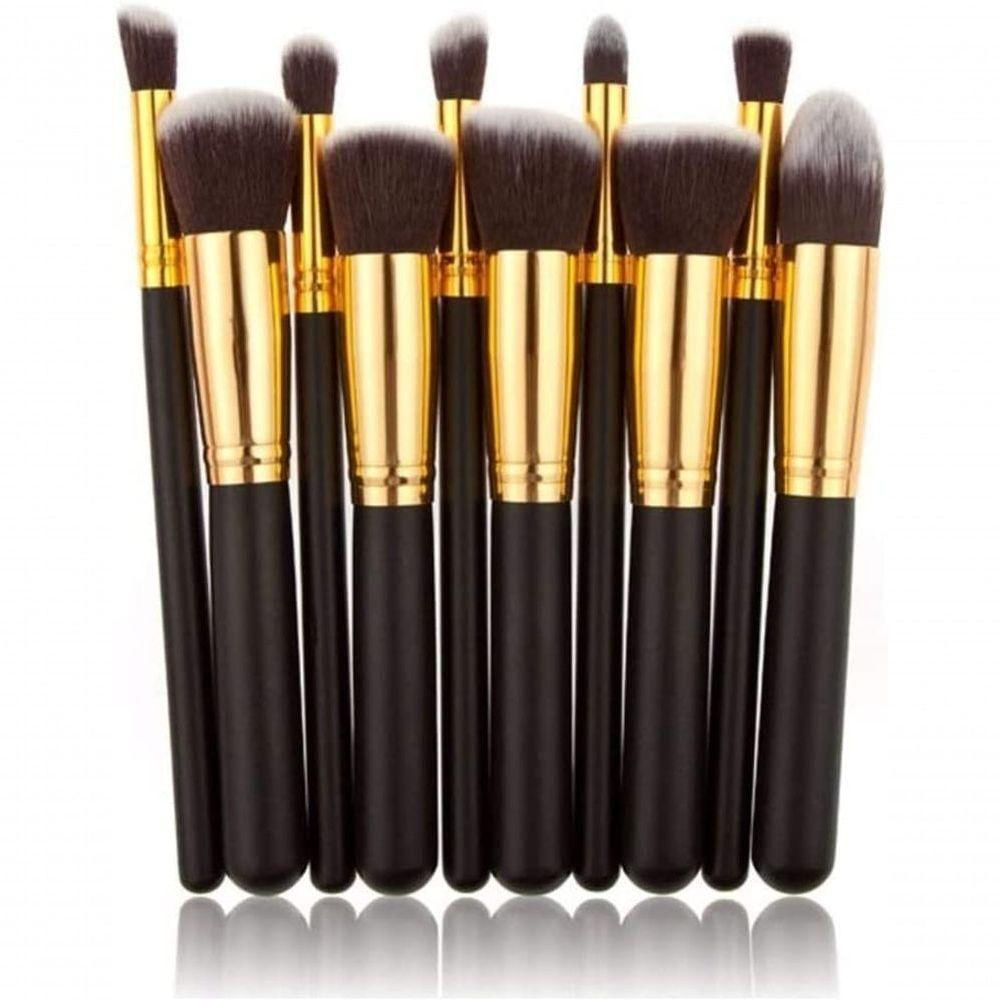 Kit 10 Pinceis Para Maquiagem Kabuki Preto Com Dourado