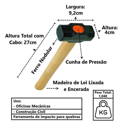 Marreta Cabo De Madeira Lixado Encerado Cunha Pressão 1kg