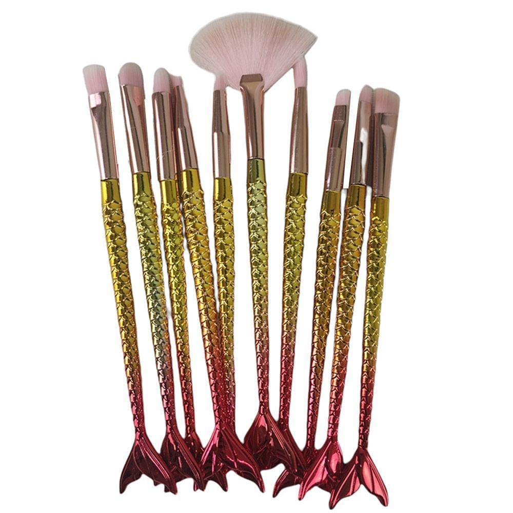 Pincel Kit 10 Peças Sereia Delineador Sombra Maquiagem Make Up Mermaid
