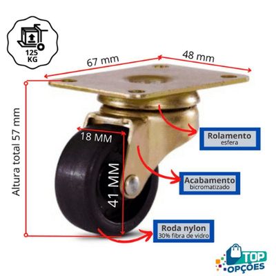 4 Rodizio Giratório Para Freezer Zamac 41mm Roda Nylon 500kg