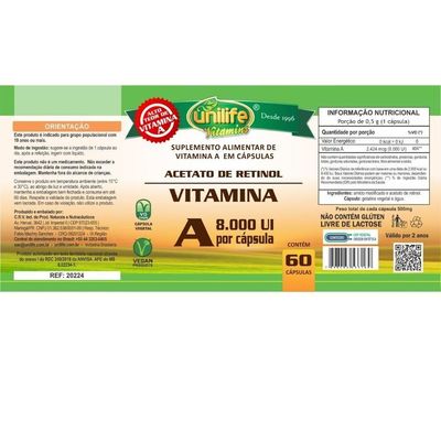 Vitamina A 8000 Ui (retinol) 60 Cápsulas 500mg Unilife