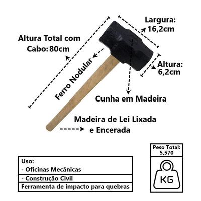 Marreta Cabo De Madeira Lixado Encerado Cunha Madeira 5kg
