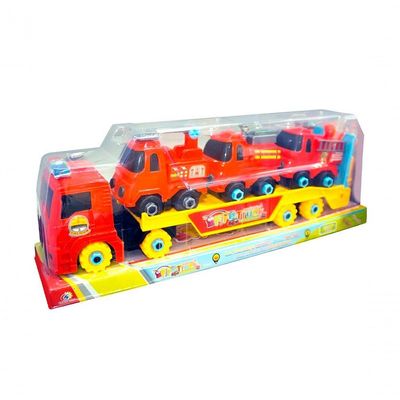 Carro Cegonha 3 Carrinhos Monta Desmonta Vermelho Bombeiros