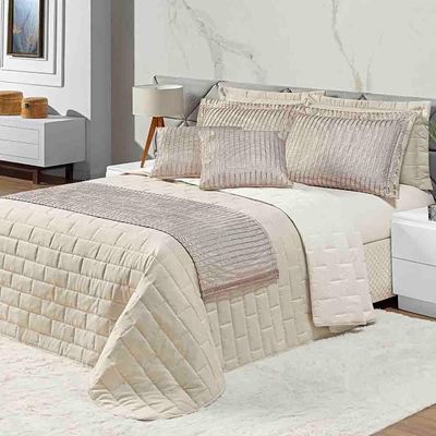 Kit Cobre Leito Colcha Luxo Queen 10 Peças Micropercal 200 Fios Dupla Face Xale Brilhante - Bege