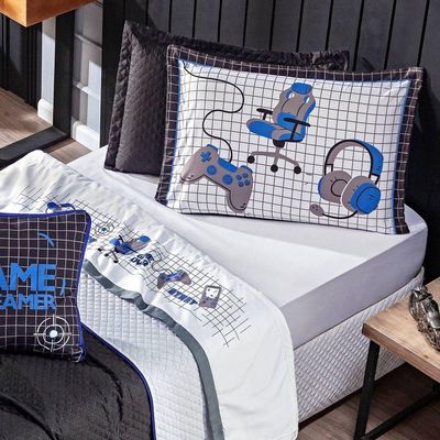 Cobre Leito Game Streamer Dupla Face C- Almofadas Solteiro 05 Peças Azul