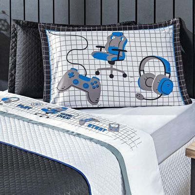Cobre Leito Game Streamer Dupla Face C- Almofadas Solteiro 05 Peças Azul