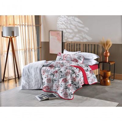 Kit Cobre Leito Queen 3 Pçs Em Malha Floral Vermelho