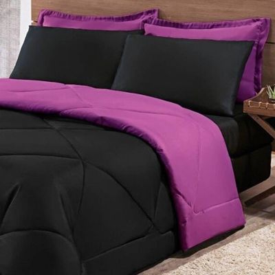 Kit Edredom + Jogo De Lençol Aconchego Look House Dupla Face Casal King 06 Peças - Preto E Roxo