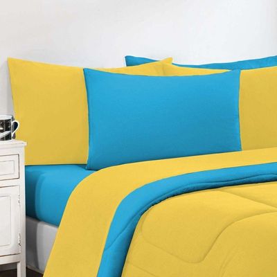 Kit Edredom Malha 100% Algodão Gran Moratta 3 Peças Casal - Amarelo-azul Turquesa
