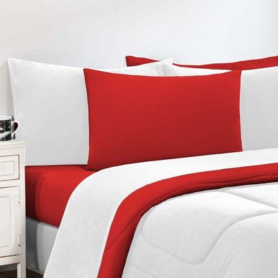 Kit Edredom + Jogo De Lençol Malha 100% Algodão Gran Moratta 7 Peças Casal - Branco-vermelho