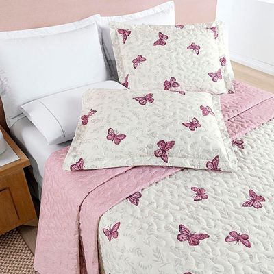 Kit Cobre Leito Colcha Júlia Queen 3 Peças Micropercal 200 Fios Dupla Face Estampado - Borboleta