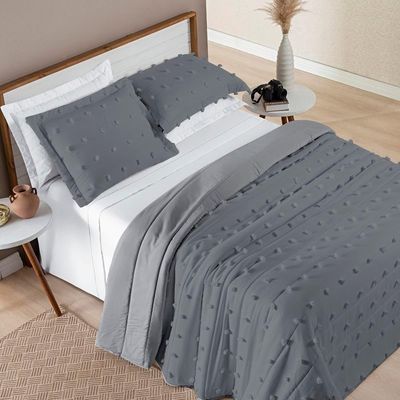 Kit Cobre Leito Colcha Sofist Queen 3 Peças Micropercal 300 Fios Cinza