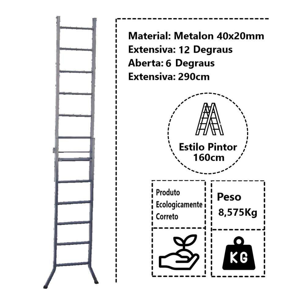 Escada Extensiva 3 Em 1 Metalon 40x20mm 6 E 12 Degraus 160cm