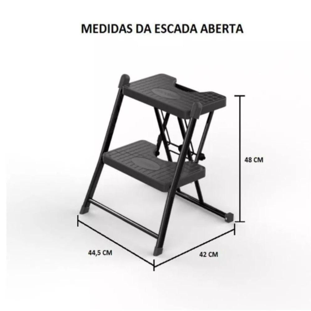 Escada Alcance 2 Degraus Dobrável 120 Kg Preta Anodilar