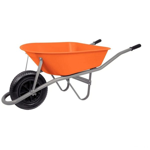 Carrinho De Mão Caçamba Funda Plástica Laranja 55 L, Braço Metálico E Pneu Com Câmara