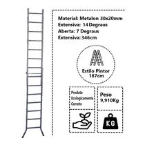 Escada Extensiva 3 Em 1 Metalon 30x20mm 7 E 14 Degraus 187cm