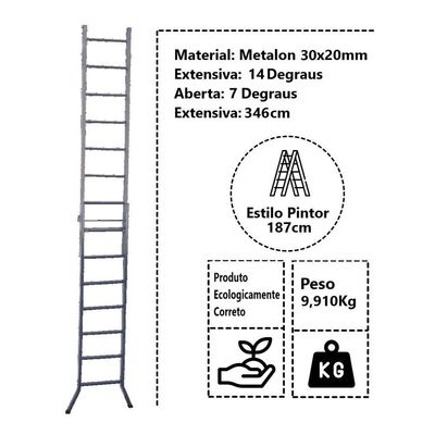 Escada Extensiva 3 Em 1 Metalon 30x20mm 7 E 14 Degraus 187cm