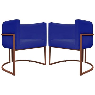 Kit 2 Poltronas Recepção Luna Base De Ferro Bronze - Azul-royal Corino