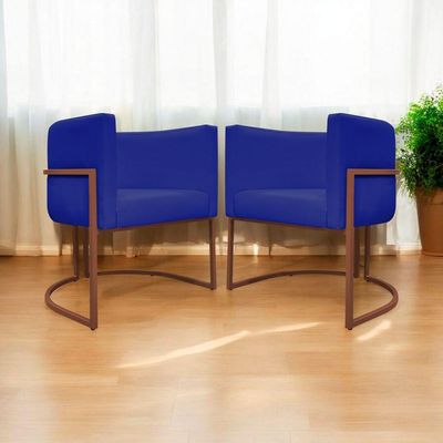 Kit 2 Poltronas Recepção Luna Base De Ferro Bronze - Azul-royal Corino