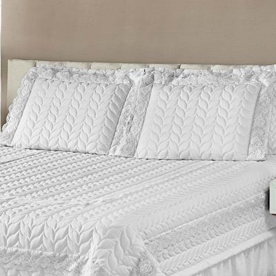 Kit Cobre Leito Colcha Romance Queen 5 Peças Micropercal 200 Fios Matelado Costurado Renda - Branco