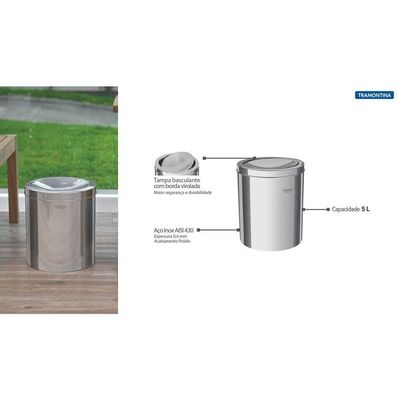 Lixeira Inox Tramontina Swing com Acabamento Polido 5L