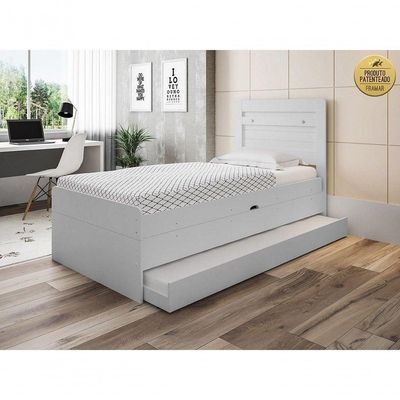 Cama Baú Solteiro Larissa Branco Com Auxiliar E 02 Colchões