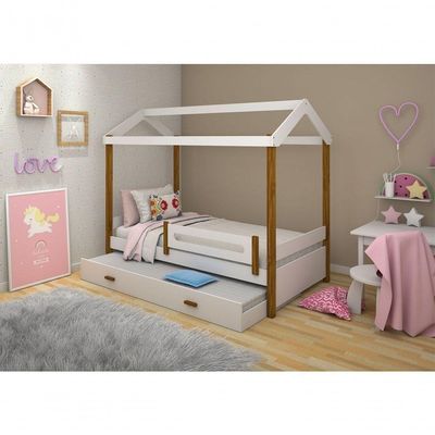 Cama Com Auxiliar Montessori Cabana Solteiro Branco E Mel