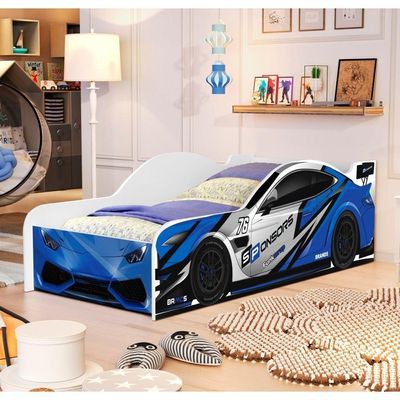 Cama Solteiro Carro Azul Power Com Colchão