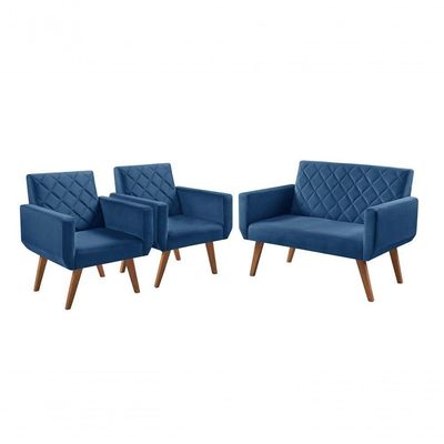Conjunto Anabelle 2 Poltronas De 1 Lugar 1 Poltrona 2 Lugares Braço Unidecor Azul Bic.