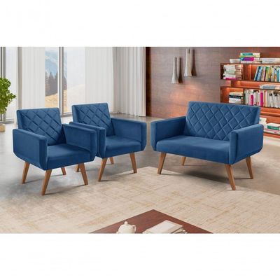 Conjunto Anabelle 2 Poltronas De 1 Lugar 1 Poltrona 2 Lugares Braço Unidecor Azul Bic.