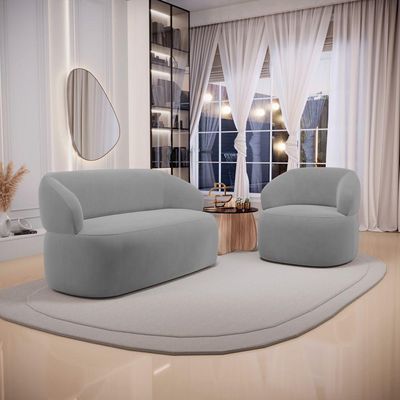 Kit 02 Poltronas Giratória E 01 Sofá Orgânico Glee 02 Lugares 140cm Veludo Cinza - Desk Design