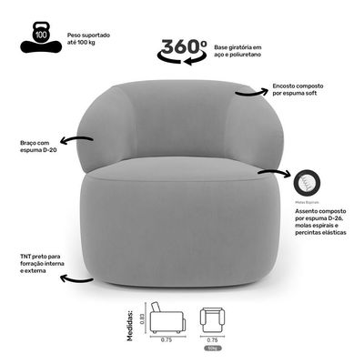 Kit 02 Poltronas Giratória E 01 Sofá Orgânico Glee 02 Lugares 140cm Veludo Cinza - Desk Design